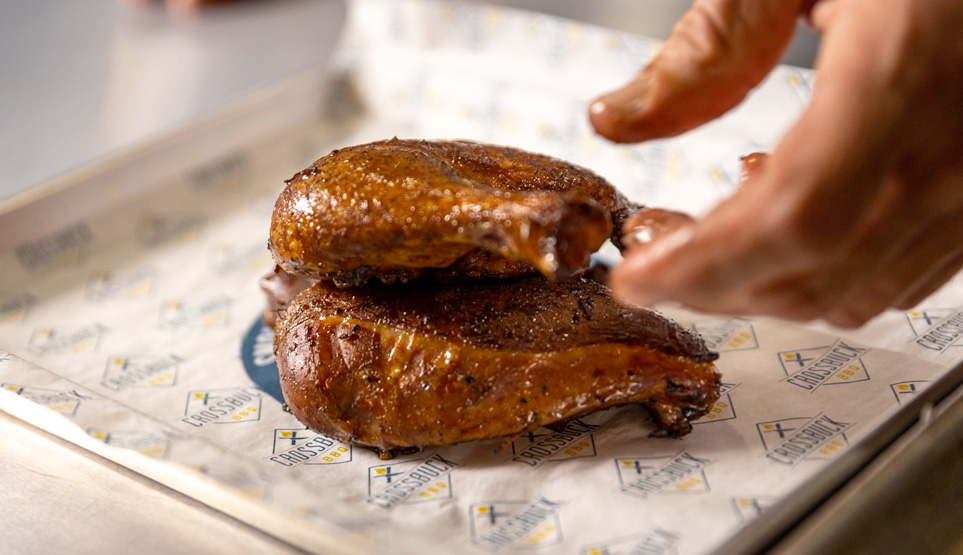 Crossbuck BBQ's Soy-smoked chicken leg quarters