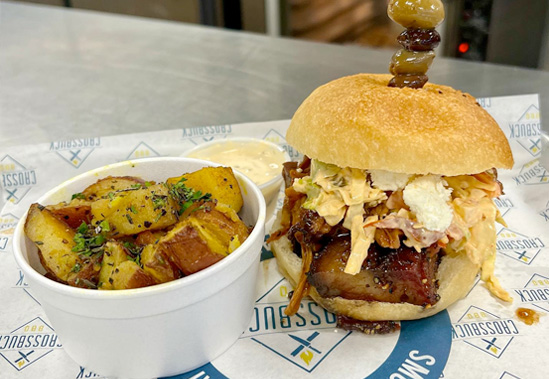 Crossbuck BBQ Dallas - pulled pork and burnt end sandwich